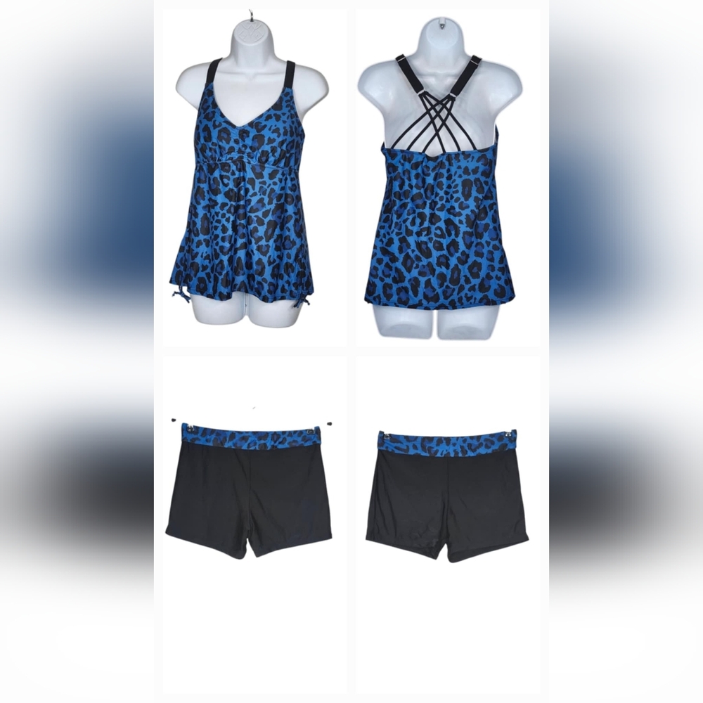 Tempt Me Blue & Black Animal Print Tankini & Boy Shorts Size Large